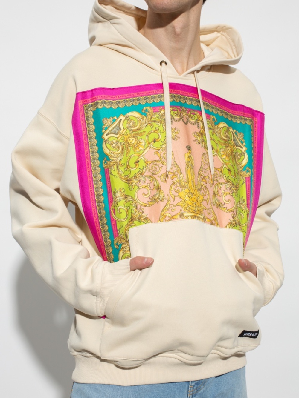 VERSACE Barocco Goddess Hoodie Beige Cotton/Silk Mens Size M - Picture 8 of 8